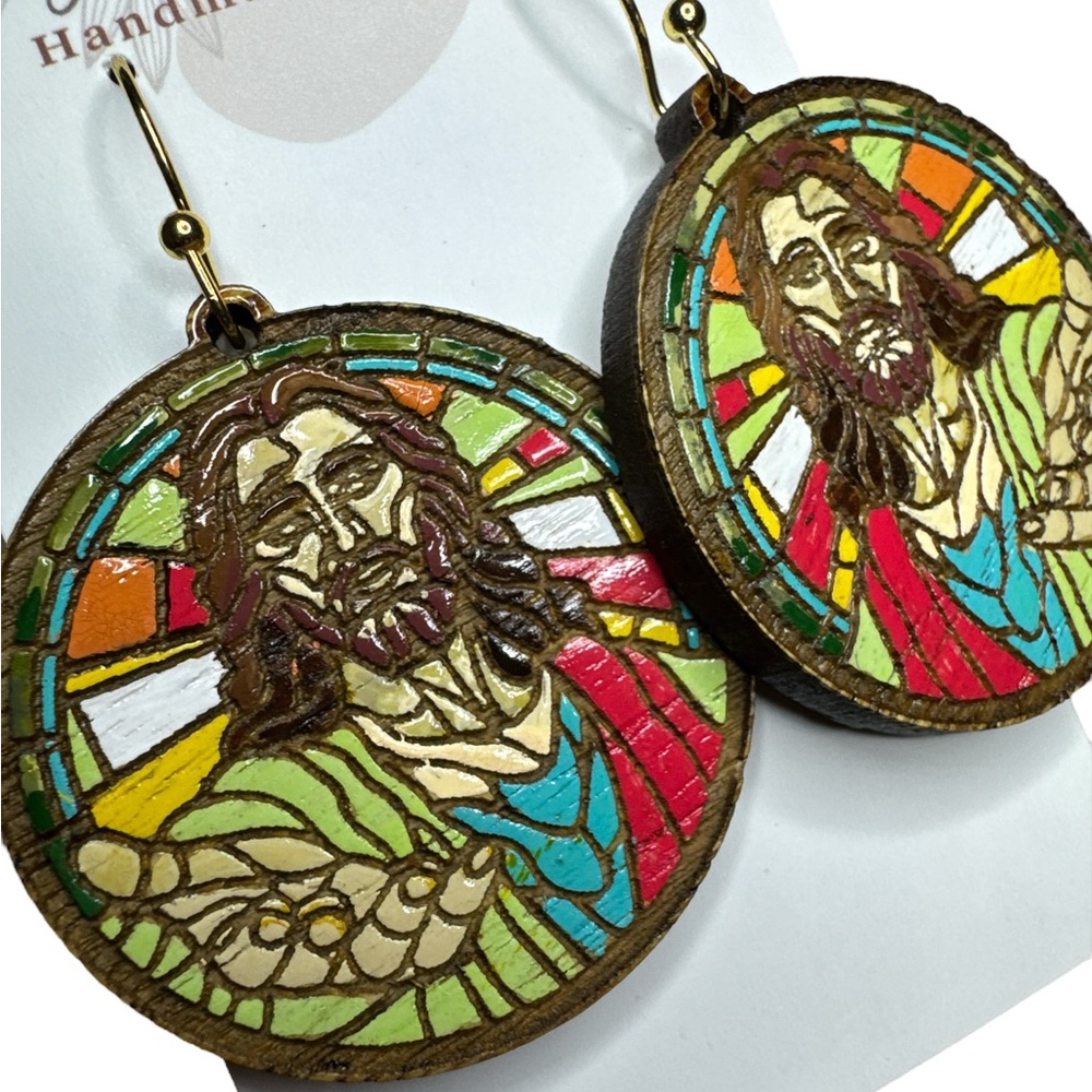 Jeweled Art Hand Painted Jesus Stained Glass. Wood Engraved Earrings - Picture 4 of 5